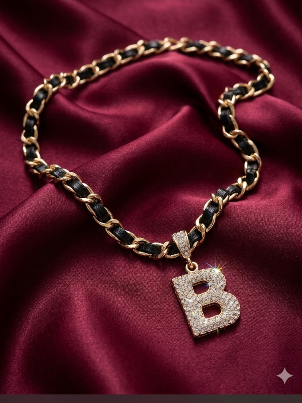 Gold-Tone B Initial Necklace with Black Inlay Chain